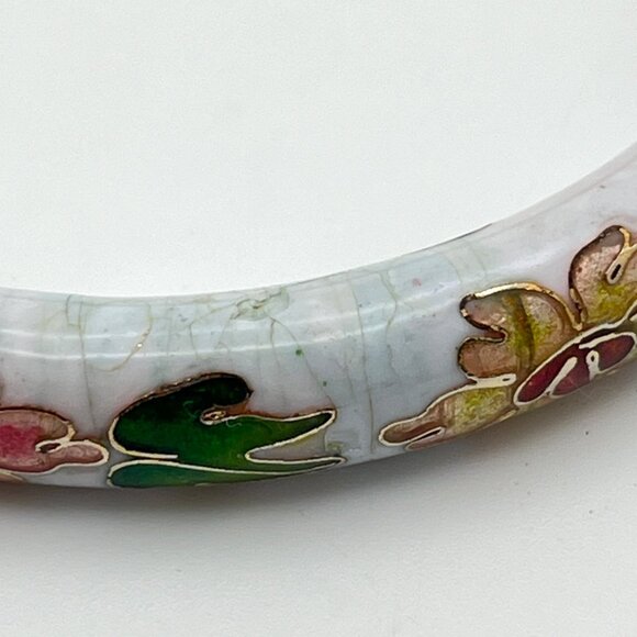 Vintage Cloisonne Floral Bangle Bracelet Hinged White with Flowers Damaged - Picture 7 of 10